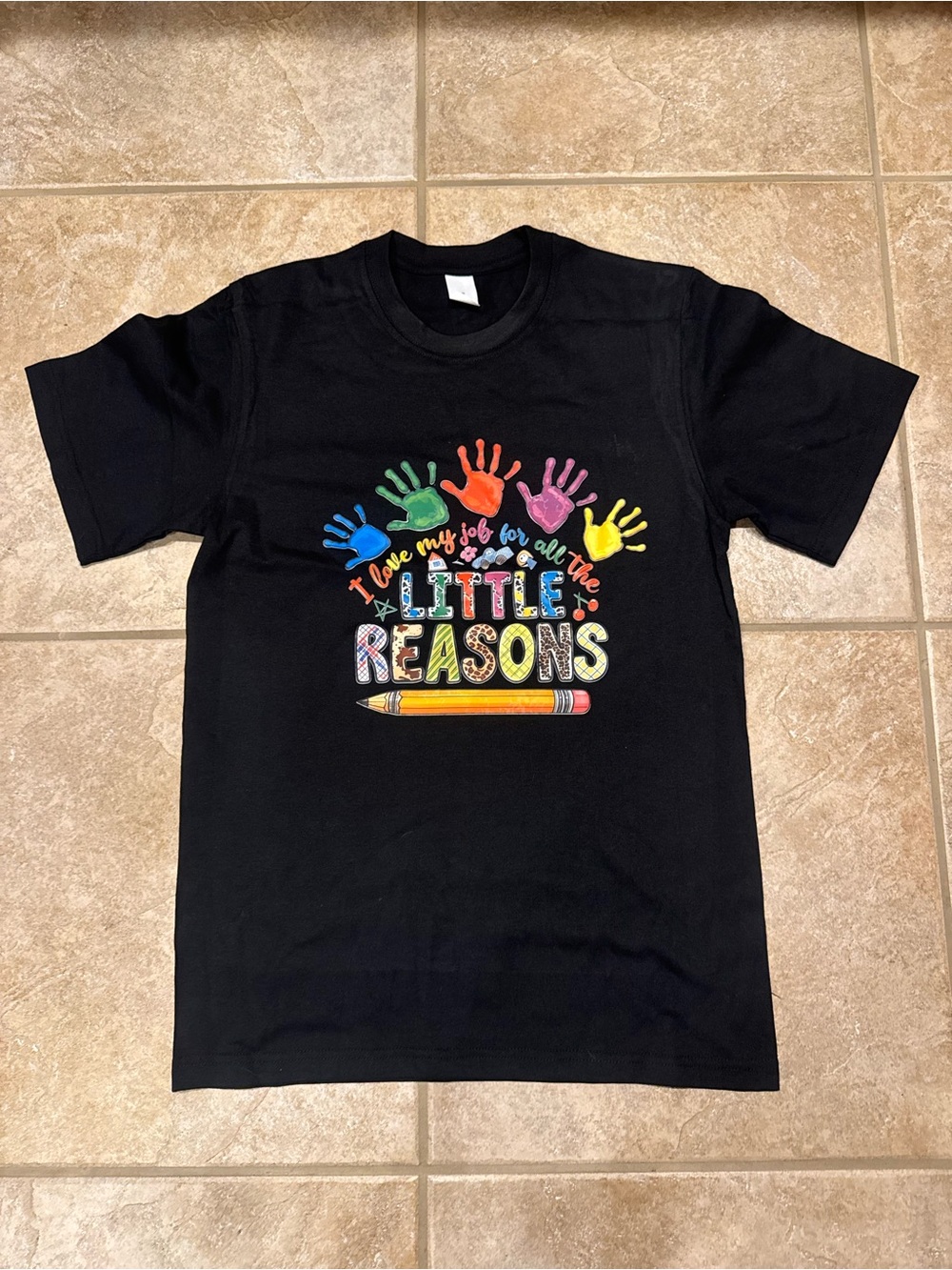 Teacher T-Shirt with Colorful Handprints & Pencil Graphic